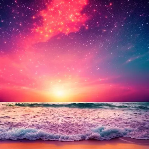 Prompt: Sunset background, pink sky,  Ocean, Stars in the sky