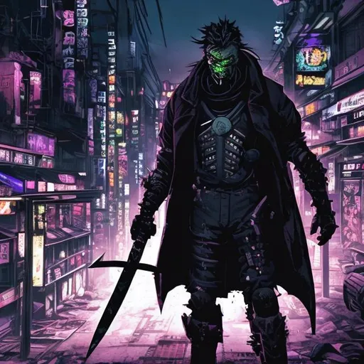 Prompt: Original villain.  Brawn. Sinister. Unique.. quirky. Magic. Axe. Very Dark image with lots of shadows. Background partially destroyed neo Tokyo. Noir anime. Gritty. Dirty. Black with random neon accents. Holographic armour. Bionic enhancements. Scars. Decay
