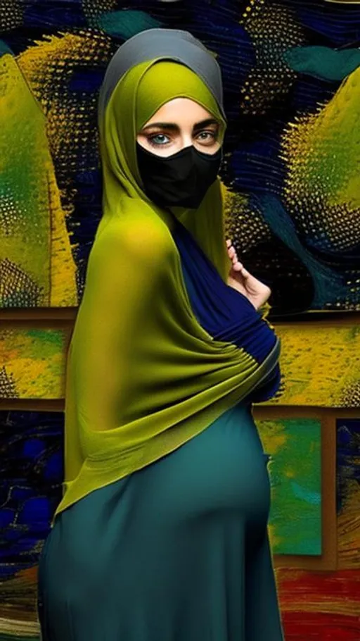 Prompt: Maternity niqabs with abstract and colorful patterns, drawing inspiration from Van Gogh's unique painting style.