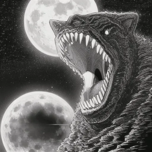 Prompt: A living planet with a giant eye and mouth with giant sharp teeth eating the moon, creature, monster, Junji Ito,  Yamamoto Takato, precise line, black and white, digital drawing, cosmic horror,