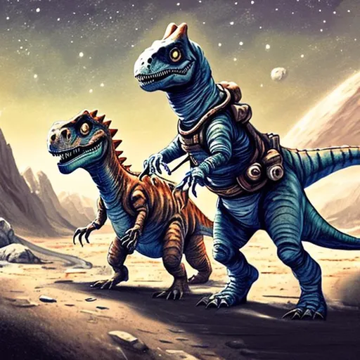 Prompt: A dinosaur cowboy on the moon with a pet spaceman