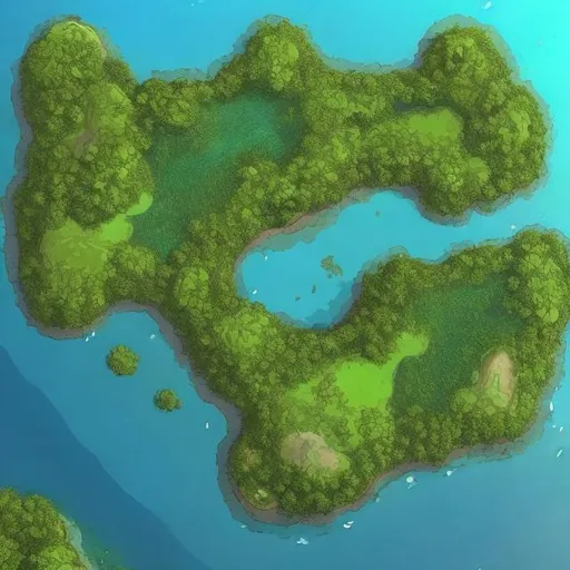 Prompt: Make a map of an island with a huge rainforest on it, and make it surrounded by water.