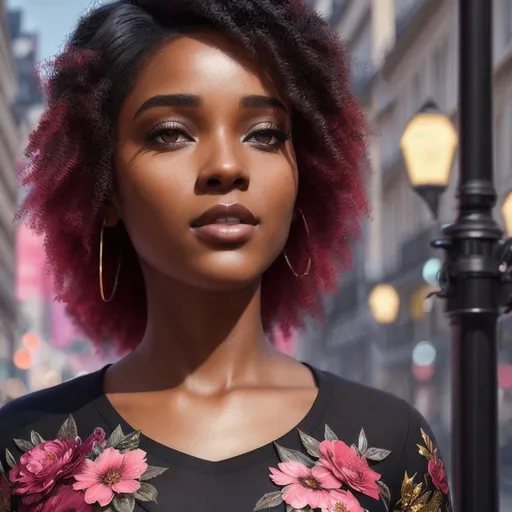 Prompt: Paris street setting, realistic beautiful young black woman wearing a floral graphic t-shirt, full body,  4K, 8K, photorealistic, Intricately detailed front facing elaborate beautiful intricate glistening face bright eyes painting by Ismail_Inceoglu Tom Bagshaw Dan Witz CGSociety ZBrush Central fantasy art 4K, digital painting, digital illustration, extreme detail, digital art, ultra hd, tumblr aesthetic, hd photography, hyperrealism, extreme long shot, telephoto lens, motion blur, wide angle lens, deep depth of field, warm, anime Character Portrait, Symmetrical, Soft Lighting, Reflective Eyes, Pixar Render, Unreal Engine Cinematic Smooth, Intricate Detail, anime Character Design, Unreal Engine, Beautiful, Tumblr Aesthetic, Hd Photography, Hyperrealism, Beautiful Watercolor Painting, Realistic, Detailed, Painting By Olga Shvartsur, Svetlana Novikova, Fine Art