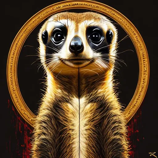 Prompt: Meerkat, black, gold, bright red, art