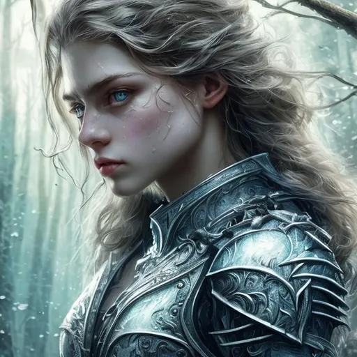 Prompt: Extraordinary detailed, extremely sharp, high reflections, cinematic, ultra realistic, knight, blossom forest, masterpiece, light background, detailed face, detailed body, long hair, focus eyes, detailed eyes, centered, wavy blonde hair, deep blue eyes, depth field.