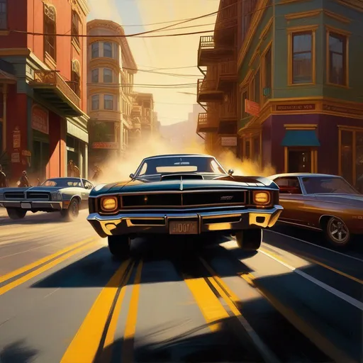 Prompt: Driver San Francisco, car chase, sunny atmosphere, extremely detailed painting by Greg Rutkowski and by Henry Justice Ford and by Steve Henderson
