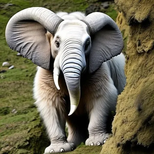 Prompt: an animal that  is a cross between a  mountain goat, a elephant, a budgerigar, a ram, a polar bear and a orangutan.