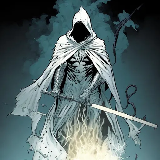 Prompt: Ghost Comic character, art style of Ryan ottley, white executioners hood, smoke, transparent body, iconic costume, holding black scythe