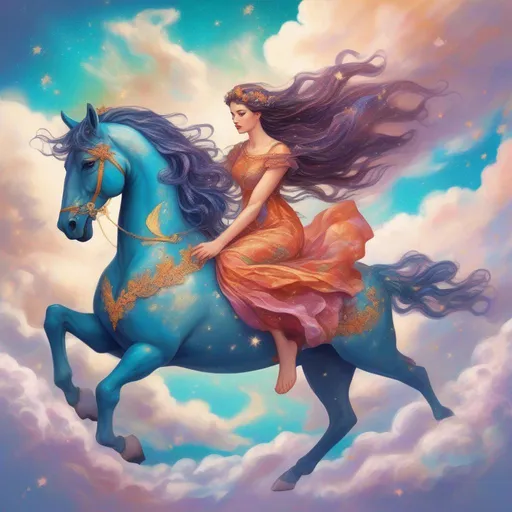 Prompt: A colourful and beautiful Persephone, with her hair being brunette and made out of clouds, flying on a pegasus with glittery skin in a painted style