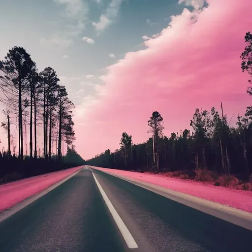 Prompt: Aesthetic Empty road, long forests on the sides, pinkish sky