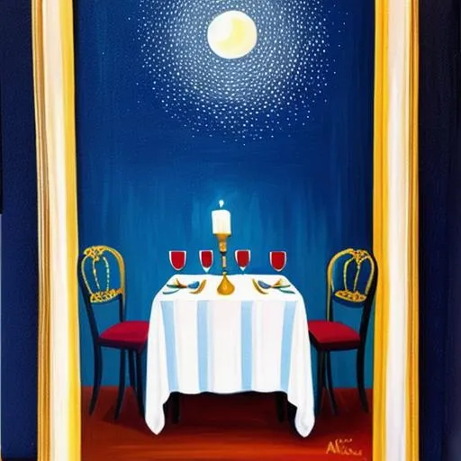 Prompt: A painting of a table set for a candlelit dinner at night