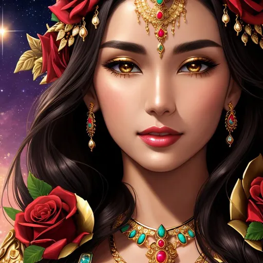 Prompt: Cosmic Epic Beautiful goddess, facial closeup, gold jewelry and roses