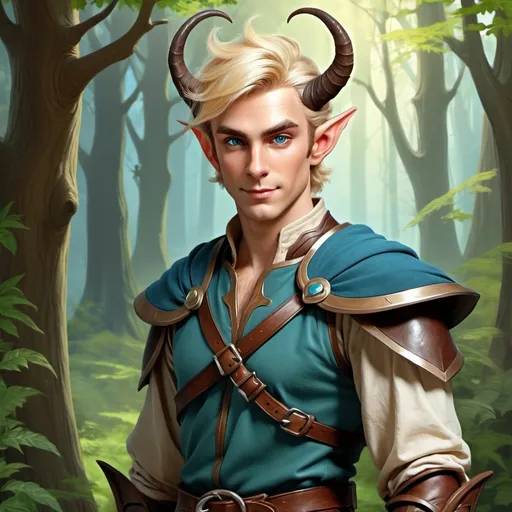 Prompt: Full body, Fantasy illustration of a male elf ranger with horns, beautiful, blond fancy hairstyle, small chamois horns, blue eyes, brown leather armor, friendly expression, high quality, rpg-fantasy, bright fairy forest background