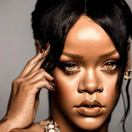 Prompt: photo realistic portrait of {Rihanna}, centered in frame, facing camera, symmetrical face, ideal human, 85mm lens,f8, photography, ultra details, natural light, light background, photo, Studio lighting