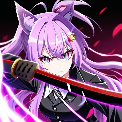 Prompt: Haley  as a demon (multi-color hair) (multi-color eyes)(she has horse ears) holding a katana, fighting, with an angry look on her face