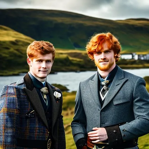 Prompt:  Young highlander men, ginger hair and blue eyes
scotland landscape