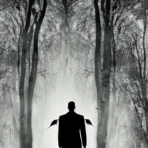 Prompt: Scary Forest- Tall Man in Suit with the Face of a crow and a tail of the devil- Abstract
