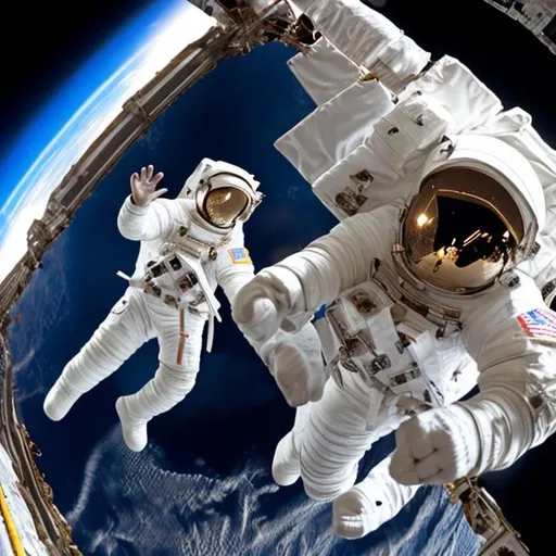 Prompt: Astronauts in space throwing a football