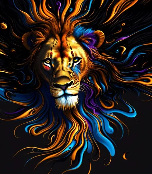 Prompt: Exuberant, Happy, upbeat psychedelic cinematic, Nebula, 3D, HD, {African}Lion liquid silver gold orange black ivory, expansive misty background, black-hole gravity, freeform colorful ink chaos, hyper realistic, 8K --s98500