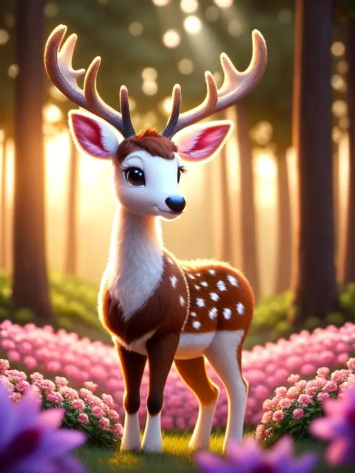 Prompt: Disney Pixar style deer baby, highly detailed, fluffy, intricate, big eyes, adorable, beautiful, soft dramatic lighting, radiant, ultra high quality octane render, light shafts, sunset forest background, field of flowers, hypermaximalist