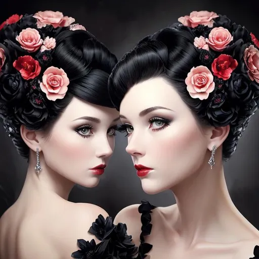 Prompt: Beautiful woman portrait wearing a black evening gown,  black hair, dark eyes, ruby jewelry,elaborate updo hairstyle adorned with flowers, facial closeup