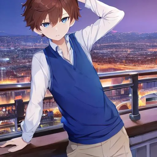 Prompt: A high, 4k, and best quality image of a small short young anime boy, with brown hair, blue eyes, wearing a blue vest shirt, chill face expression, looking at the viewer, with a beautiful cityscape background at night, aesthetic, and colourful