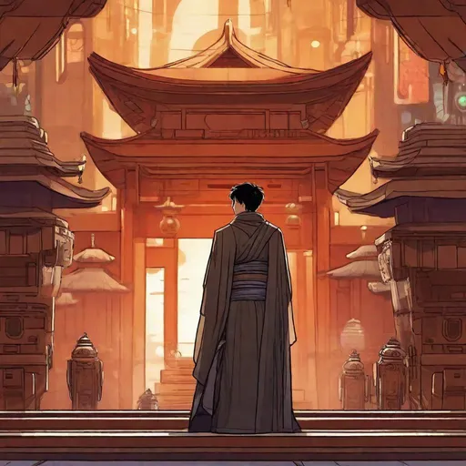 Prompt:  Cute Asia young man in jedi robes. In background a scifi light side temple. Well draw face. Detailed. Star wars art. Rpg art. 2d art. 2d.
