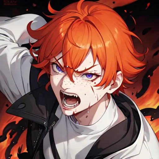 Prompt: Erikku male adult (short ginger hair, freckles, right eye blue left eye purple) UHD, 8K, Highly detailed, insane detail, best quality, high quality, covered in blood, covering his face with his hand, wide eyes, insane, fear, threatening, laughing, angry, fighting, psychopathic, anime style, fighting with a shotgun