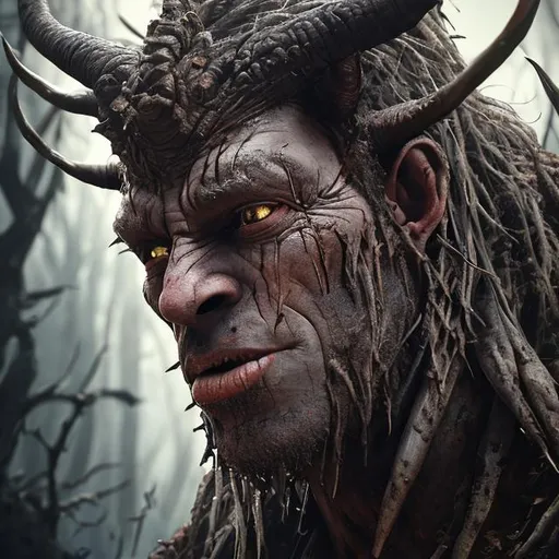 Prompt: Front of old King shaka's kraal with dark  colored skin, devil horns and batwings, grey hair and with scarred face, dark woods, perfect composition, hyperrealistic, super detailed, 8k, high quality, trending art, trending on artstation, sharp focus, studio photo, intricate details, highly detailed, Loonaticbrands