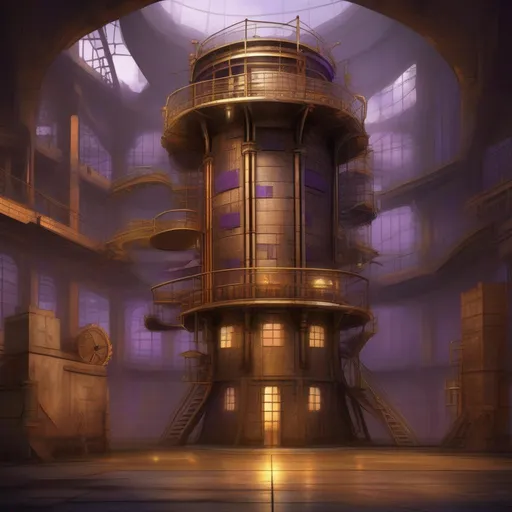 Prompt: Fantasy art of a steampunk tall factory tower with walls made of concrete and iron, gold, copper, and amethyst floors