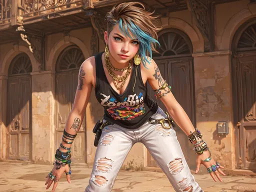 Prompt: This is a highly detailed, digital illustration in a semi-realistic style with natural proportions and features. The subject is a young age18 teenage woman with vibrant blue and brown hair, styled in a messy, side-swept manner. She has fair skin and striking blue eyes, with a subtle blush on her cheeks. She is leaning slightly forward, giving a confident and somewhat defiant expression.

She is wearing a black, sleeveless, graphic t-shirt featuring a colorful, abstract design with the word "Zombie" in white letters. Her outfit includes white, ripped jeans with multiple rips and tears, revealing patches of skin. She has multiple accessories: large gold earrings, a thick gold chain necklace, numerous rings on both hands, and several bracelets adorned with colorful beads and charms. Her left arm, which is visible, has a tattoo of a skull.

The background suggests an old, ornate building with wooden doors and intricate ironwork balconies. The lighting is warm, casting soft shadows that enhance the depth and texture of the image. The overall pastel color palette includes warm browns and golds, contrasted with her vibrant hair and the black and white of her shirt. The image combines elements of punk and gothic fashion with a touch of fantasy.