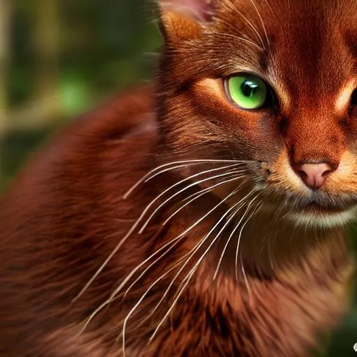 Prompt: Realistic dark red russet cat in forest, shadows, lighting, detailed fur, brown orange hazel eyes, fullbody