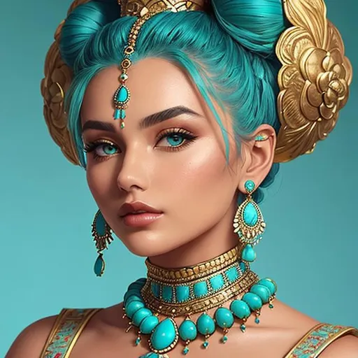 Prompt: An extremely gorgeous woman,  with top knots full of turquoise jewels, in color scheme of turquoise and gold