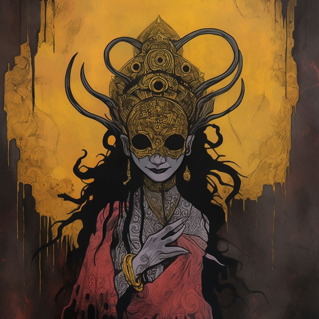 Prompt: A lady's countenance on a charcoal background, fashioned in the manner of vividly tinted street art-like, necronomicon depictions, deep mustard and soft lavender, wildstyle, khmer artwork, extraordinary bizarre, and j yang's expression