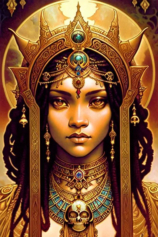 Prompt: symmetrical + ((rihanna)) + art by alphonse mucha and gustav dore and zdzisław beksinski + medium close up + realistic portrait + sharpen details + fine detail + fine sharpen intricate lines of rendering + skull + death+  destruction goddess + hindu mythology + witchcraft + death + skulls + long black dreads + henna + durga + shakti + laced + kali + intricate + A portrait of a gray woman in black hood by alphonse mucha and gustav dore and zdzisław beksinski, in style of digital art illustration. symmetry.  fantasy, hyper detailed, sharp focus, soft light. trending on artstation ::

