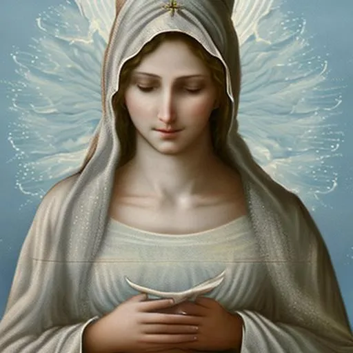 Prompt: blessed virgin mary, light blue and white robe drapery flowing in the breeze levitating agaist a majestic sky, crescent moon underfoot, peaceful expression on beautiful face head covered realistic finely detailed glorious