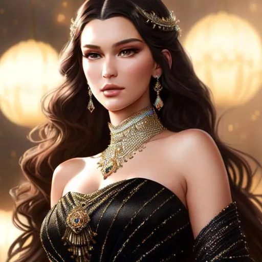 Prompt: a realistic lying down feminine elegant princess mix of Bella Hadid and Kendall Jenner, at a bal, with a black lace dress, jewelry set balayage wild hair, royal vibe, highly detailed, digital painting, Trending on artstation , HD quality, by artgerm and greg rutkowski and alphonse mucha, dramatic light, 19 century, dark brown hair, HD