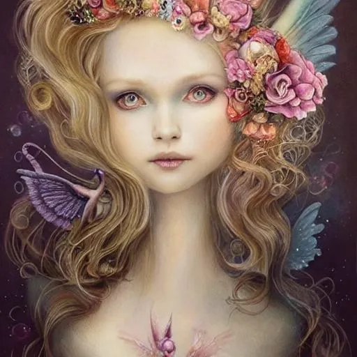 Prompt: fairy with wings, nicoletta ceccoli, daniel merriam, fantasy art, glitter, renaissance gown, hyper realistic flower bouquet painting, sparkles, Beautiful goddess, Haute Couture, princess dress, beautiful symmetrical face, pre-raphaelite, soft shadows, stunning, dreamy, elegant, ornate, style of michael parks, tom bagshaw, roberto ferri and Marco mazzoni, hyper-realistic, matte painting , enhanced, photo render, 8k, art by artgerm, wlop, loish, ilya kuvshinov, 8 k hyperrealistic, crackles, hyperdetailed, beautiful lighting, detailed background, depth of field, symmetrical face, frostbite 3 engine, cryengine, bubbles, dragonflies, garden of roses and peonies background, ultra detailed, soft lighting