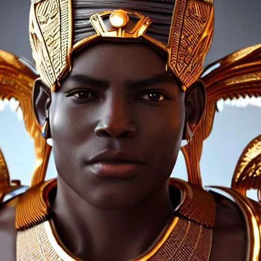 Prompt: low-angle close up portrait of dark melanin Egyptian man wearing a extremely detailed warrior armor, glossy white porcelain +carbon-fiber scales + angel wings, beautiful lighting, cables, ultra realistic, Unreal Engine 5, realistic CGI, cover, sfx, vfx, fog, cinematic, 32k