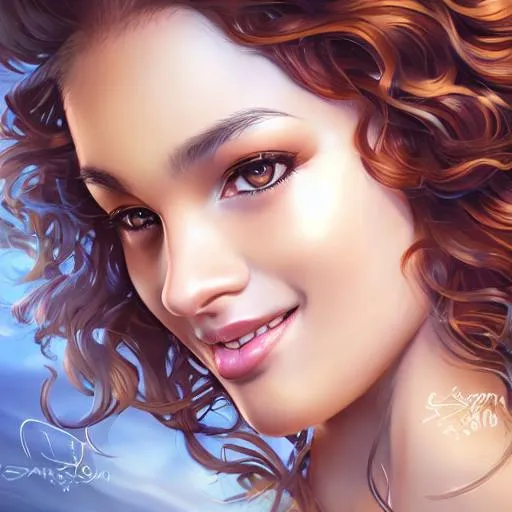 Prompt: a mixed brown skin  young woman, smooth soft skin, big dreamy eyes, bold beautiful smile, big long curls in hair, symmetrical wide eyes, soft lighting, detailed face, by 
stanley artgerm lau, wlop, rossdraws, Andrej Digital Art, concept art, looking into camera