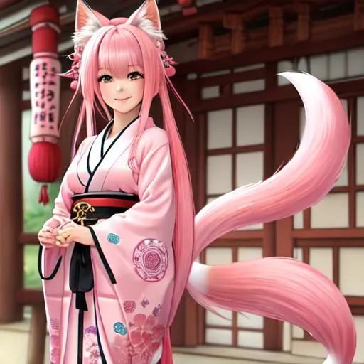 Prompt: masterpiece, best quality,4k,uhd,illustration, 1girl, pink hair, pink fox ear, pink fox tail, Japanese shrine maiden clothes,full body, cute anime face, beautiful detailed girl, naughty smile, japanese shrine
