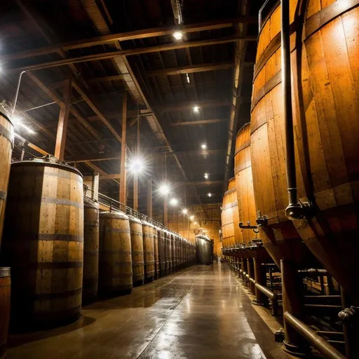 Prompt: Atmospheric shot of a large-scale brewery in action, barrels stacked high, beer production, rich amber hues, steam rising, industrial beauty, craftsmanship, centuries-old brewing traditions, beer culture, dramatic lighting and shadows reminiscent of film noir, Deep contrasts, low-key lighting, and strong chiaroscuro effects, Moody atmosphere and high level of detail, Art by Lucas Thompson and Emily Foster