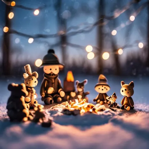 Prompt: tiny friends and a dog making smores at tiny wooden campfire string lights on a starry night in the snow
