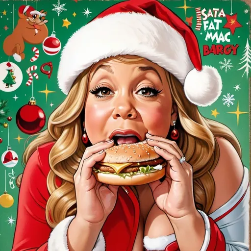 Prompt: Photo realistic, Looney Toons, a little person, big fat Mariah Carey wearing a Santa Hat, hungry, looking down at while eating a Big Mac sandwich,  detailed Mariah Carey facial features, Christmas, music album cover, slightly faded, slightly worn around the edges,  style 1950's record album art, Christmas, comic, cartoon realism