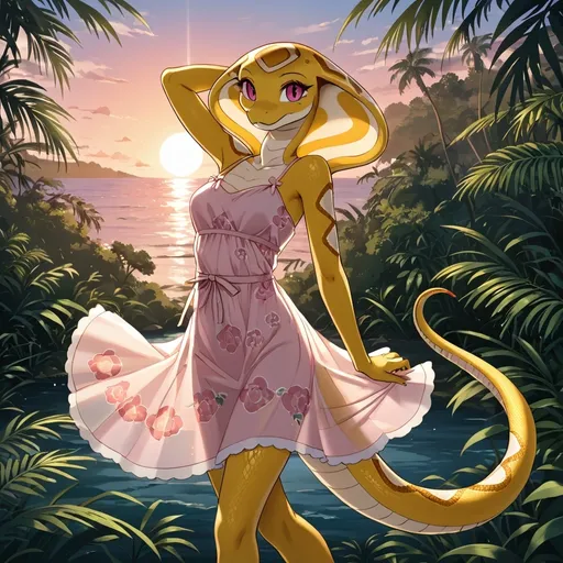 Prompt: ultra-detailed, best_quality, (cute, slim, and alluring anthropomorphic green colored and patterned snake girl), snake head with snake hood, dancing in a jungle,  wearing translucent pink sun dress