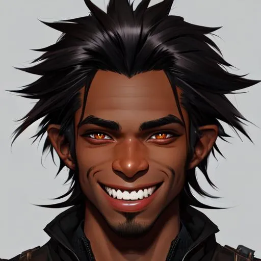 Prompt: a portrait of a handsome male goblin, long tangled black hair. dark brown and black skin tone, chaotic, exaggerated grin showing human teeth, wide face, slight and wiry, digital art, popular on Artstation