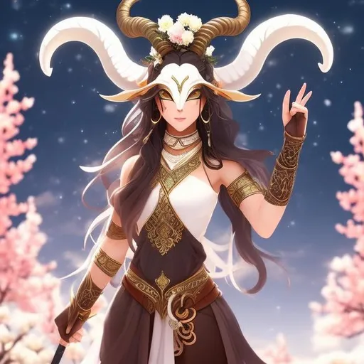 Prompt: a satyr druid, wearing a flower wreath, wielding a spear, wearing a mask {white}. dynamic pose, digigrade. Standing on top of a mountain. background {red rocks, pink pine trees, sakura blossoms, sunflowers}. Perfect Anatomy, Perfect Horns {goat horns}. perfect hands.