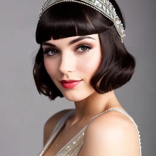 Prompt: Flapper with a ted bop haircut and a crystal headpiece 