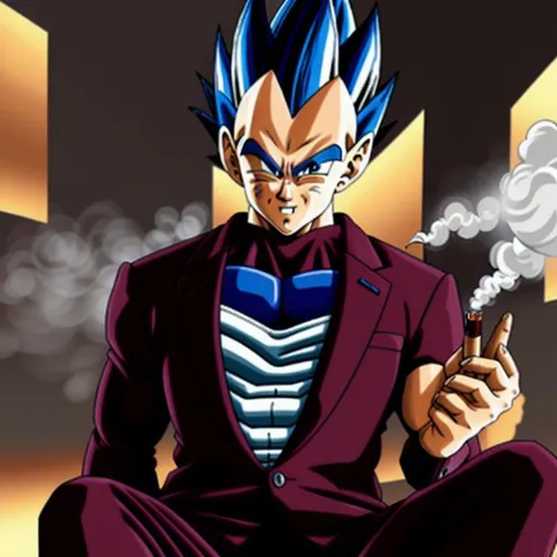 Prompt: vegeta in a maroon business suit smoking  cigarettes