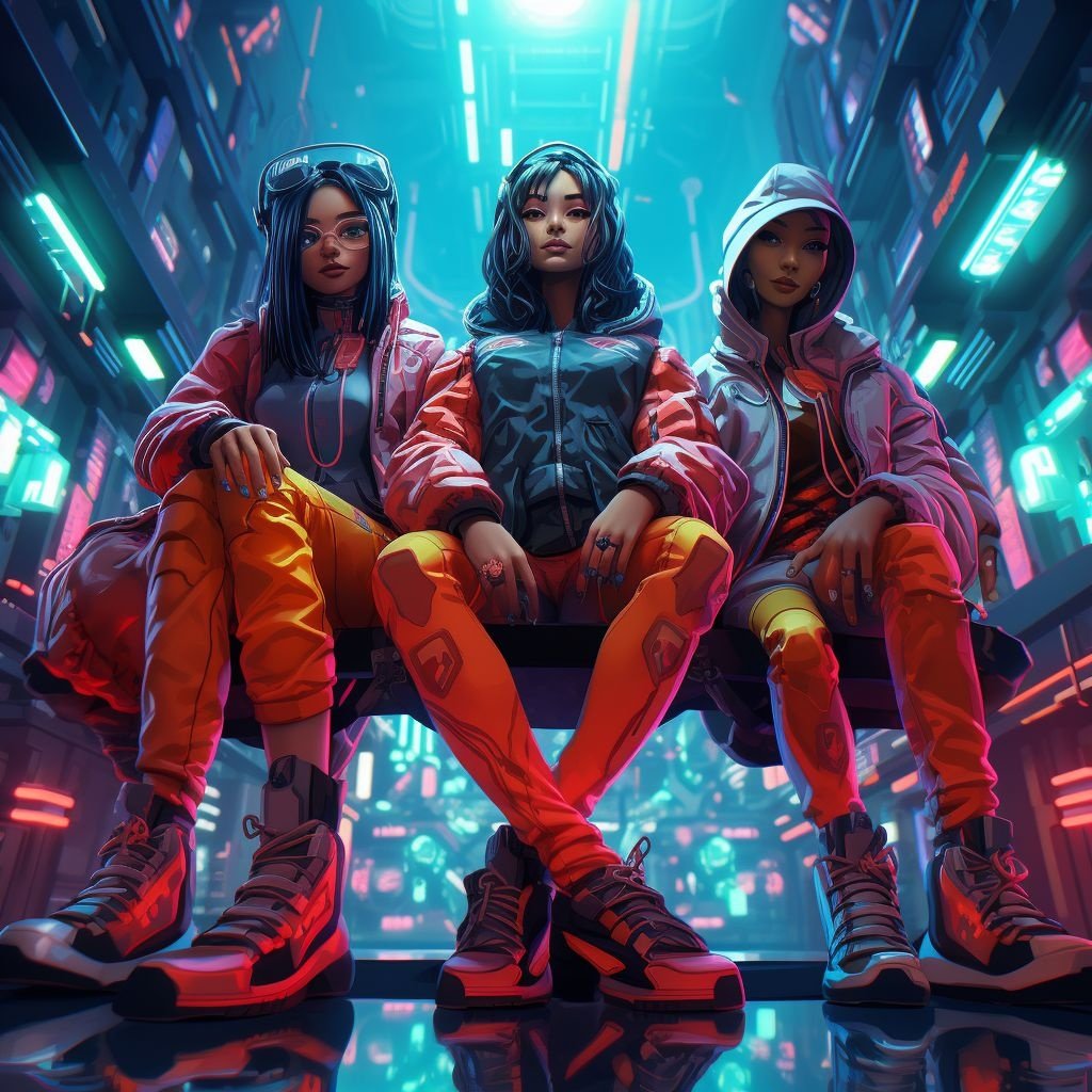 Prompt: three women in neon colors next to sneakers, in the style of cyberpunk manga, futuristic chromatic waves, dark cyan and red, three-dimensional effects, ivanovich pimenov, skottie young, hd